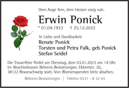 Traueranzeige von Erwin Ponick von Braunschweiger Zeitung