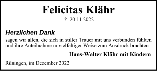 Traueranzeige von Felicitas Klähr von Braunschweiger Zeitung