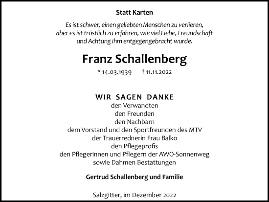 Traueranzeige von Franz Schallenberg von Salzgitter-Zeitung