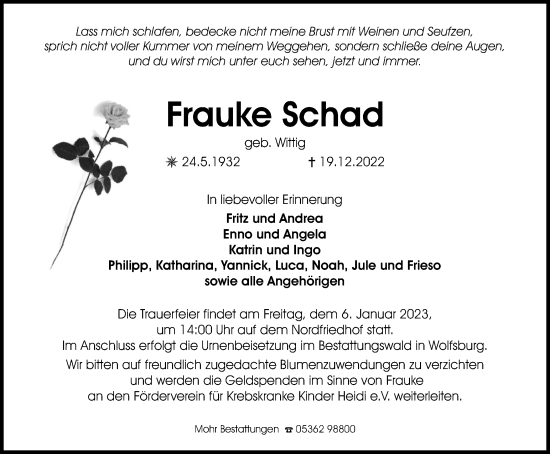 Traueranzeige von Frauke Schad von Wolfsburger Nachrichten