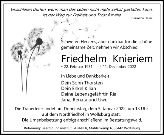 Traueranzeige von Friedhelm Knieriem von Wolfsburger Nachrichten