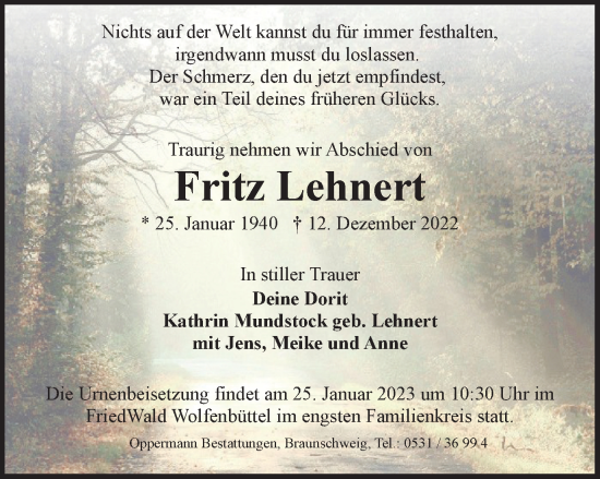 Traueranzeige von Fritz Lehnert von Braunschweiger Zeitung