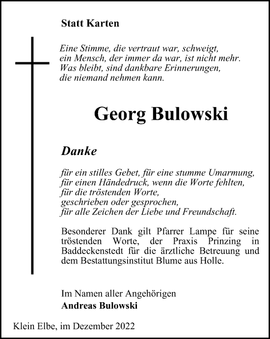Traueranzeige von Georg Bulowski von Salzgitter-Zeitung