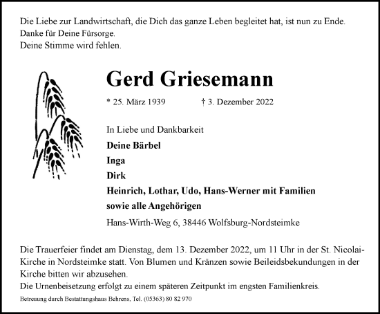Traueranzeige von Gerd Griesemann von Wolfsburger Nachrichten