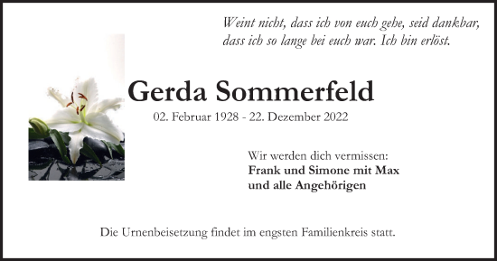 Traueranzeige von Gerda Sommerfeld von Braunschweiger Zeitung