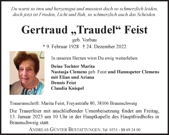 Traueranzeige von Gertraud Feist von Braunschweiger Zeitung