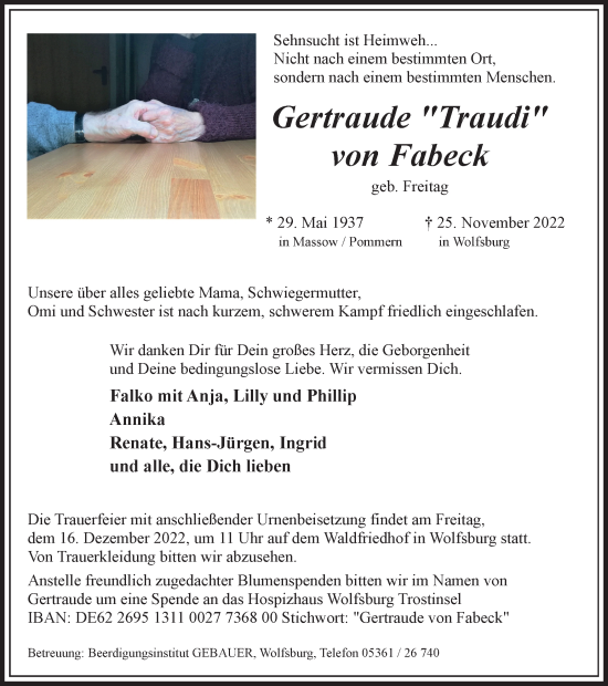 Traueranzeige von Gertraude von Fabeck von Wolfsburger Nachrichten