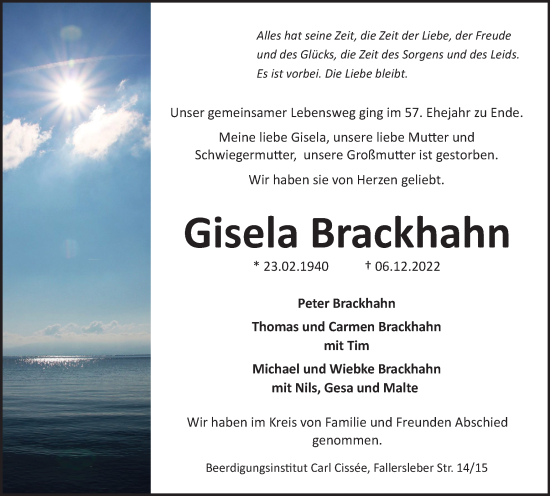 Traueranzeige von Gisela Brackhahn von Braunschweiger Zeitung