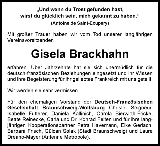 Traueranzeige von Gisela Brackhahn von Braunschweiger Zeitung