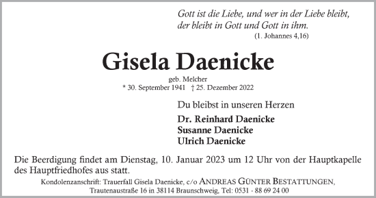 Traueranzeige von Gisela Daenicke von Braunschweiger Zeitung
