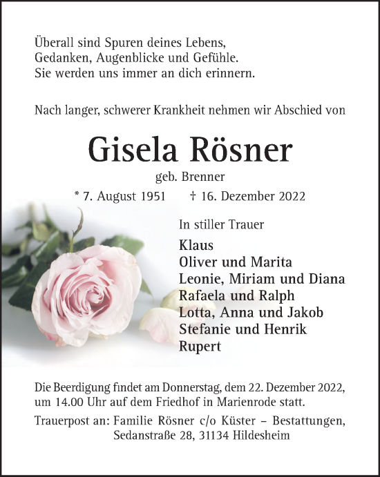 Traueranzeige von Gisela Rösner von Salzgitter-Zeitung