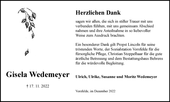 Traueranzeige von Gisela Wedemeyer von Wolfsburger Nachrichten