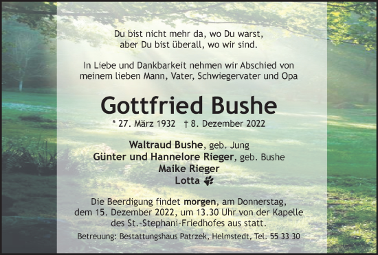 Traueranzeige von Gottfried Bushe von Helmstedter Nachrichten