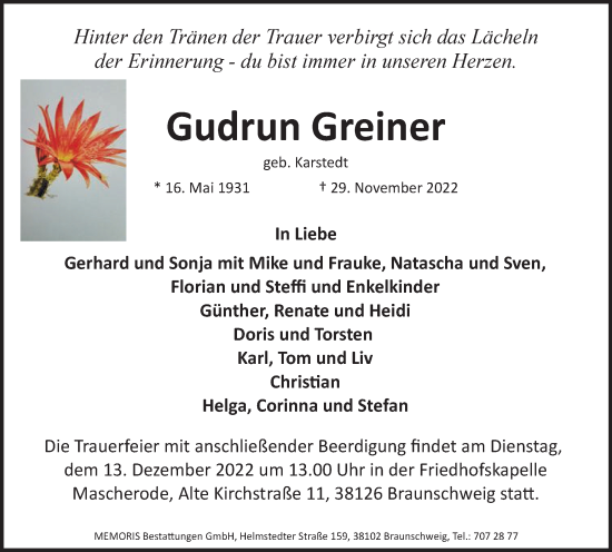 Traueranzeige von Gudrun Greiner von Braunschweiger Zeitung
