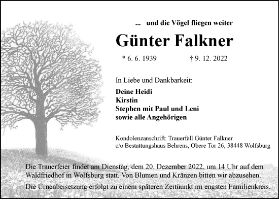 Traueranzeige von Günter Falkner von Wolfsburger Nachrichten