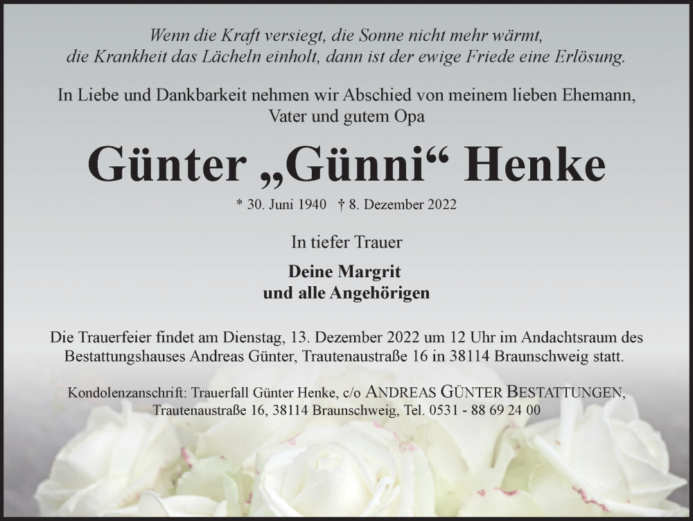  Traueranzeige für Günter Henke vom 10.12.2022 aus Braunschweiger Zeitung
