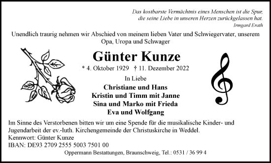 Traueranzeige von Günter Kunze von Braunschweiger Zeitung