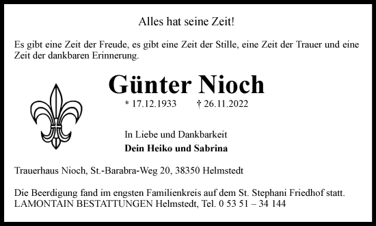 Traueranzeige von Günter Nioch von Helmstedter Nachrichten