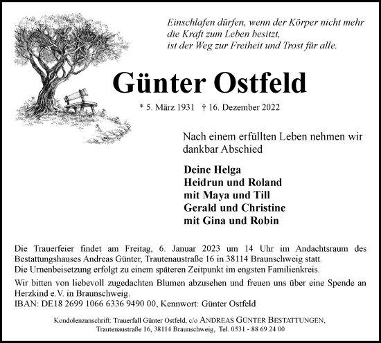 Traueranzeige von Günter Ostfeld von Braunschweiger Zeitung