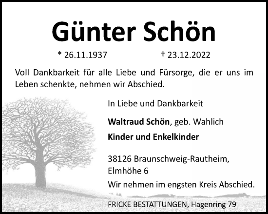Traueranzeige von Günter Schön von Braunschweiger Zeitung