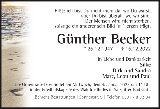 Traueranzeige von Günther Becker von Braunschweiger Zeitung, Salzgitter-Zeitung