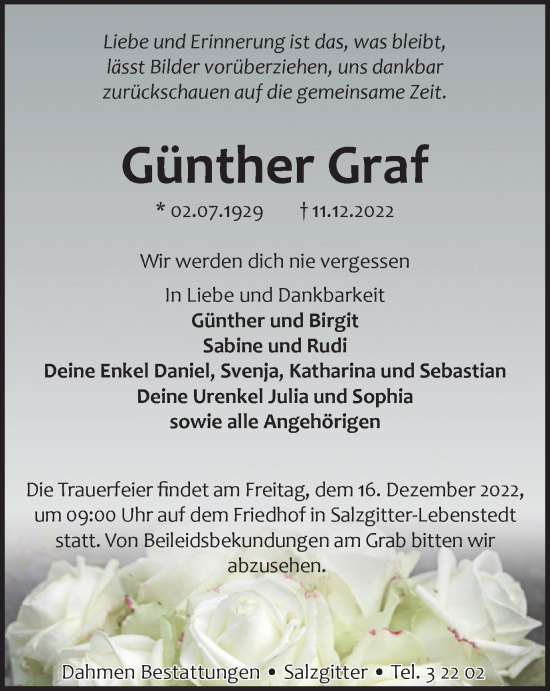 Traueranzeige von Günther Graf von Salzgitter-Zeitung