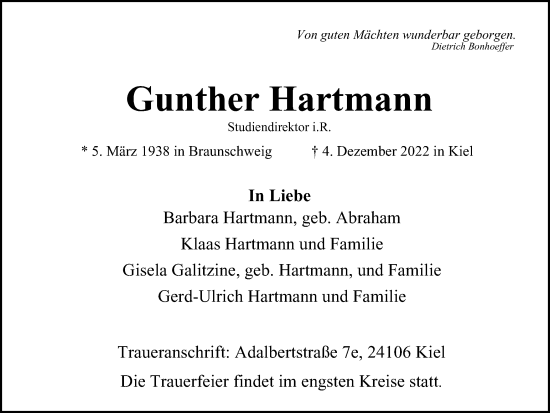 Traueranzeige von Gunther Hartmann von Braunschweiger Zeitung