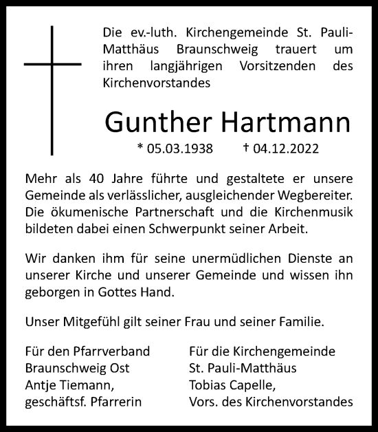Traueranzeige von Gunther Hartmann von Braunschweiger Zeitung