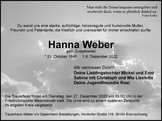 Traueranzeige von Hanna Weber von Braunschweiger Zeitung