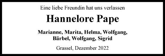 Traueranzeige von Hannelore Pape von Braunschweiger Zeitung