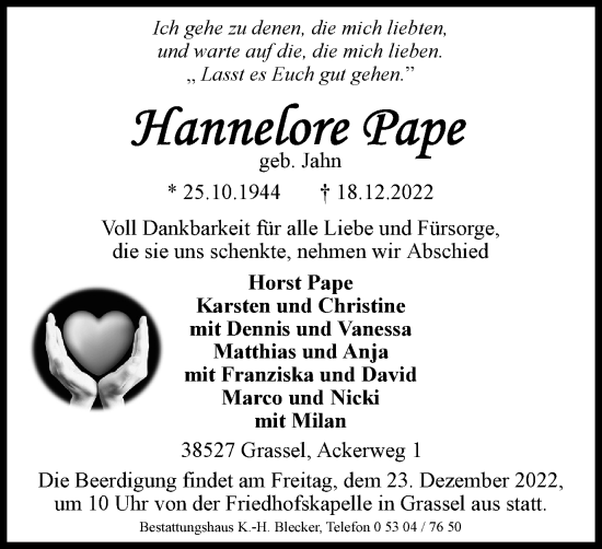 Traueranzeige von Hannelore Pape von Braunschweiger Zeitung