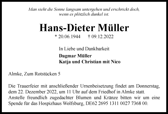 Traueranzeige von Hans-Dieter Müller von Helmstedter Nachrichten