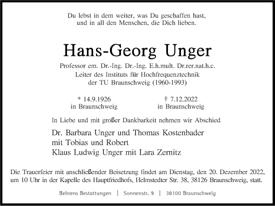 Traueranzeige von Hans-Georg Unger von Braunschweiger Zeitung