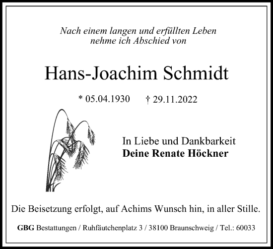 Traueranzeige von Hans-Joachim Schmidt von Braunschweiger Zeitung