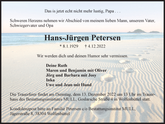 Traueranzeige von Hans-Jürgen Petersen von Wolfenbütteler Zeitung