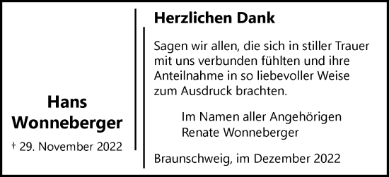 Traueranzeige von Hans Wonneberger von Braunschweiger Zeitung