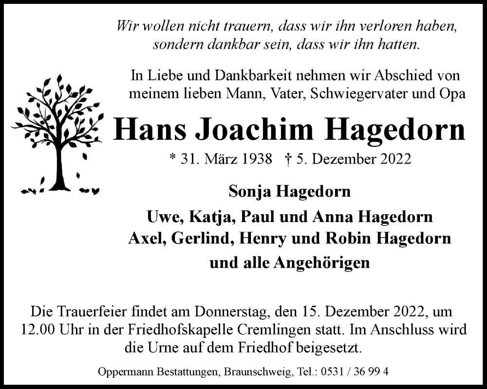  Traueranzeige für Hans Joachim Hagedorn vom 10.12.2022 aus Braunschweiger Zeitung