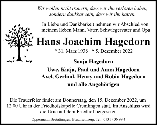 Traueranzeige von Hans Joachim Hagedorn von Braunschweiger Zeitung