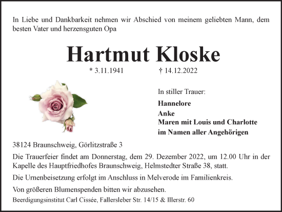 Traueranzeige von Hartmut Kloske von Braunschweiger Zeitung
