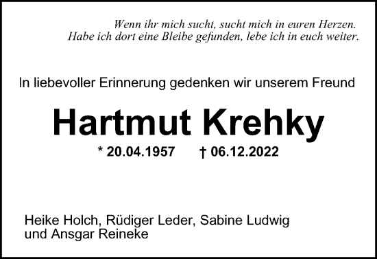 Traueranzeige von Hartmut Krehky von Braunschweiger Zeitung