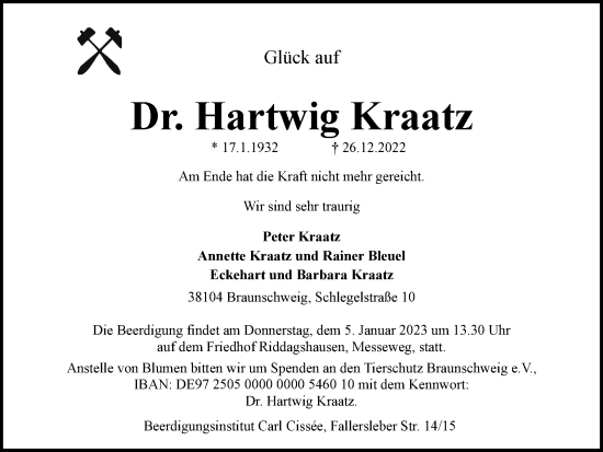 Traueranzeige von Hartwig Kraatz von Braunschweiger Zeitung