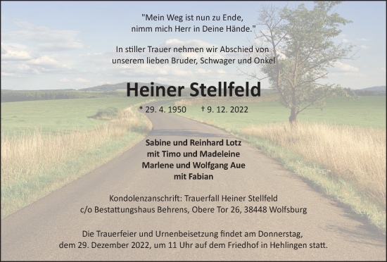 Traueranzeige von Heiner Stellfeld von Wolfsburger Nachrichten