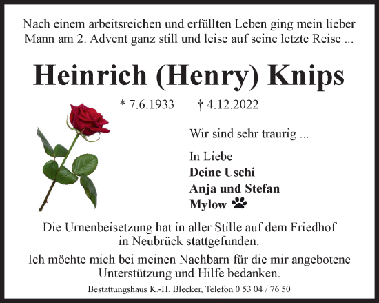 Traueranzeige von Heinrich Knips von Braunschweiger Zeitung