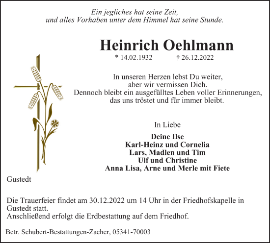 Traueranzeige von Heinrich Oehlmann von Salzgitter-Zeitung
