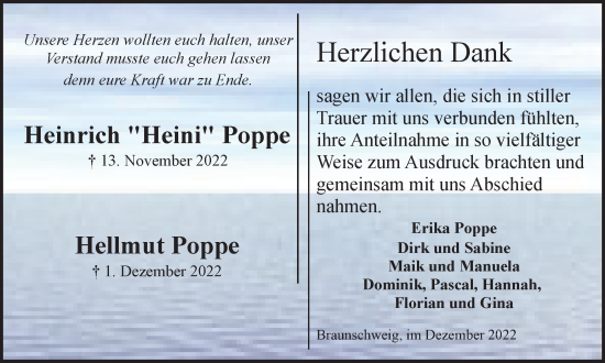 Traueranzeige von Heinrich und Hellmut Poppe von Braunschweiger Zeitung