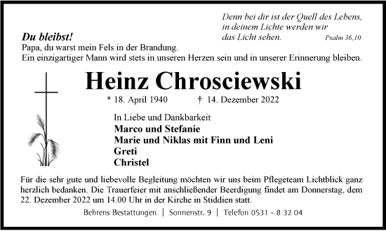 Traueranzeige von Heinz Chrosciewski von Braunschweiger Zeitung