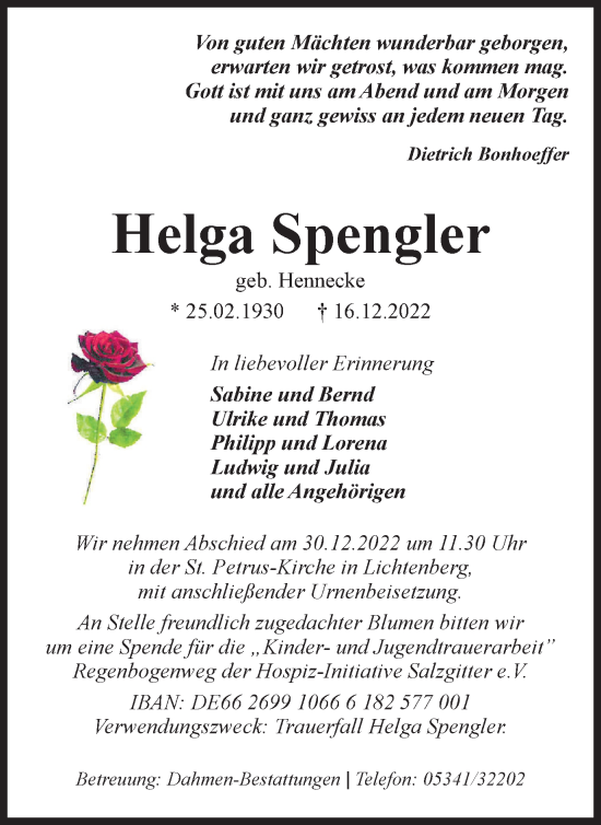 Traueranzeige von Helga Spengler von Salzgitter-Zeitung