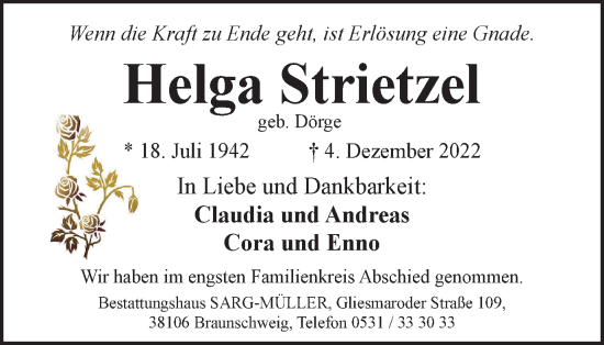Traueranzeige von Helga Strietzel von Braunschweiger Zeitung