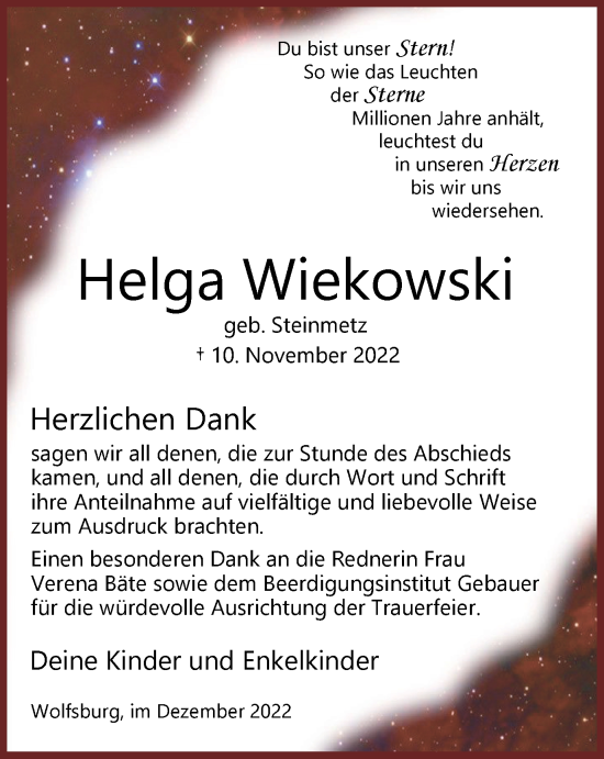 Traueranzeige von Helga Wiekowski von Wolfsburger Nachrichten