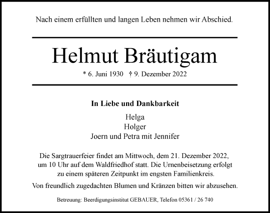 Traueranzeige von Helmut Bräutigam von Wolfsburger Nachrichten